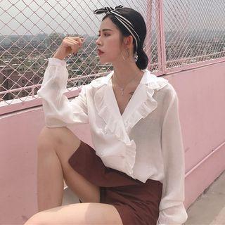 Ruffle Trim V-neck Long-sleeve Shirt