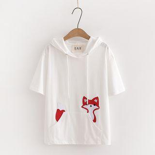 Fox Embroidered Hooded Short-sleeve T-shirt