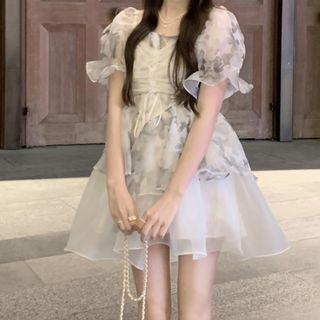 Short-sleeve Floral Sheer Dress