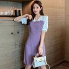 Two-tone V-neck Short-sleeve A-line Dress
