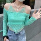 Long-sleeve Mock Two-piece Lace Crop Top