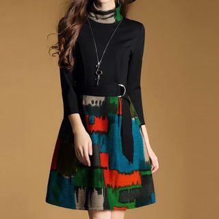 3/4-sleeve Patterned Panel A-line Dress