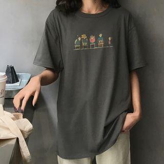 Short-sleeve Cartoon Print T-shirt Gray - One Size