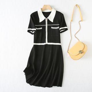 Short-sleeve Two-tone A-line Dress Black - One Size