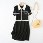 Short-sleeve Two-tone A-line Dress Black - One Size