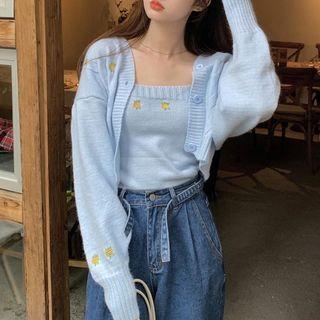 Set : Flower Embroidered Camisole Top + Long-sleeve Cable Knit Jacket