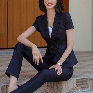 Set Of 2 : Short-sleeve Double-breasted Blazer + Pants