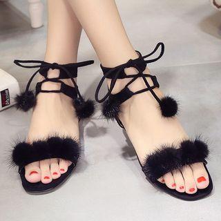 Furry Trim Lace Up Sandals