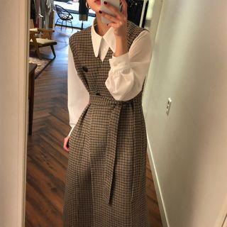 Long-sleeve Plain Shirt / Houndstooth Midi A-line Pinafore Dress
