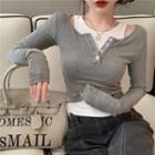 Long-sleeve Mock Two-piece Two-tone Slim-fit Top