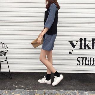 Pinstriped Elbow-sleeve Shift Dress / Asymmetric Camisole Top