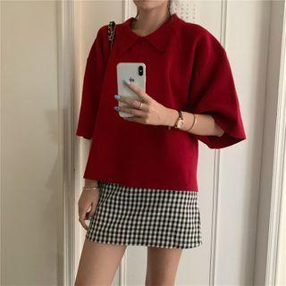 Plain Elbow-sleeve T-shirt / Plaid A-line Skirt