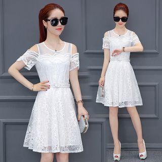Cut Out Shoulder Short Sleeve Lace A-line Dress