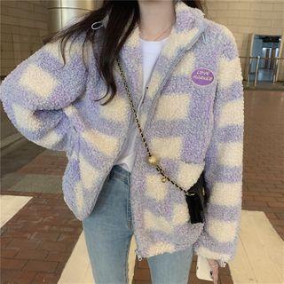 Plaid Zip Fleece Jacket Purple & Off White - One Size
