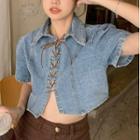 Short-sleeve Lace-up Denim Shirt
