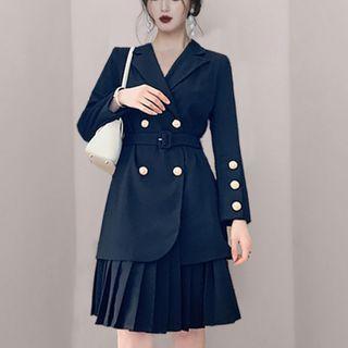 Double-breasted Buckled Pleated Blazer Dress
