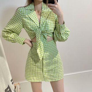 Puff-sleeve Cutout Plaid Mini Dress