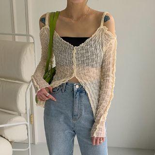 Long-sleeve Cold Shoulder Textured Sheer Top