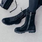 Genuine Leather Platform Low Heel Lace-up Boots