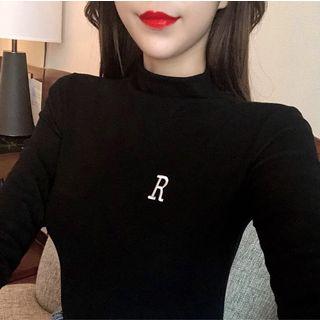 Long-sleeve Mock Neck Alphabet Embroidered T-shirt