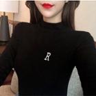 Long-sleeve Mock Neck Alphabet Embroidered T-shirt