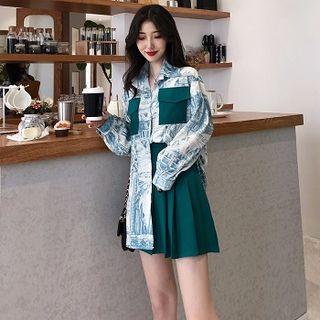 Color-block Print Long-sleeve Blouse / Plain High-waist Skirt
