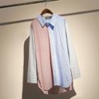 Long-sleeve Color Block Striped Shirt As Shown In Figure - One Size