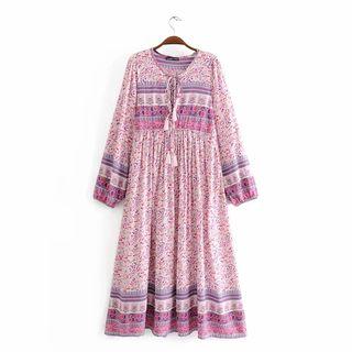 Long-sleeve Floral Patterned A-line Maxi Dress