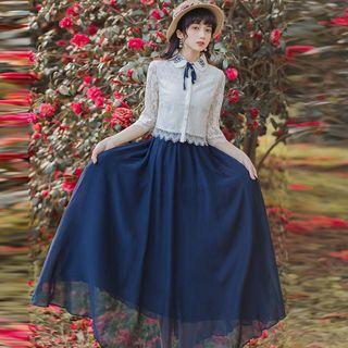 Set: Long-sleeve Floral Embroidered Lace Shirt / Midi A-line Skirt
