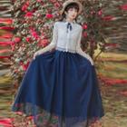 Set: Long-sleeve Floral Embroidered Lace Shirt / Midi A-line Skirt