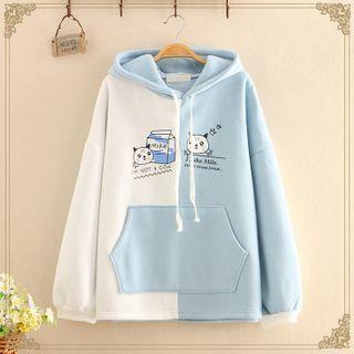 Pocket-detail Color-block Cat Print Fleece-lined Hoodie