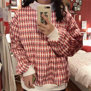Mock-neck Plaid Sweatshirt As Shown In Figure - One Size