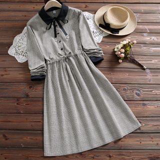 Contrast Trim Plaid Long-sleeve Midi A-line Dress
