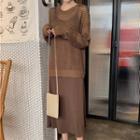 Set: Plain Sleeveless Dress + Open-knit Top