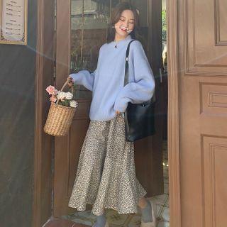 Sweater / Spaghetti Strap Floral Print Midi A-line Dress