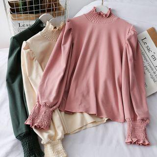 Ruffled-trim Puff-sleeve Plain Top