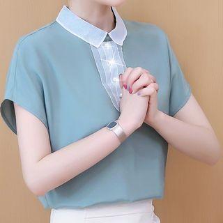 Two-tone Cap-sleeve Chiffon Blouse