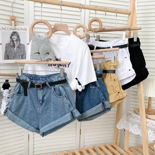 Rolled Denim Shorts With Belt In 5 Colors