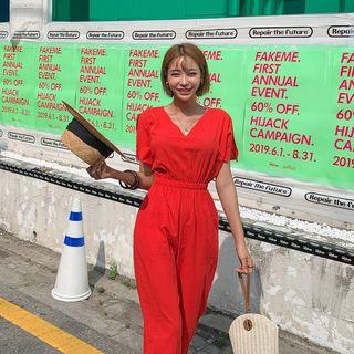 V-neck Gathered-waist Jumpsuit