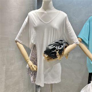 V-neck Plain Split Hem Short-sleeve Top