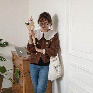 Flower-embroidered Wool Blend Cardigan
