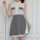 Set: Contrast Trim Sleeveless Shirt Dress + Patterned A-line Skirt