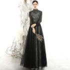 Long-sleeve Embellished A-line Gown
