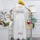 Off-shoulder Flower Embroidered Midi A-line Dress