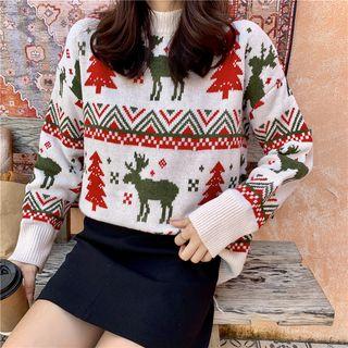 Mock-neck Elk Print Knit Sweater