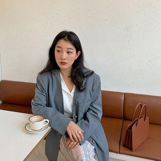 Lapelless Metallic-button Blazer