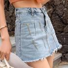 High-waist Fray-hem Denim Mini A-line Skirt