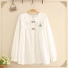 Long Sleeve Peter Pan Collar Embroidered Shirt As Shown In Figure - One Size