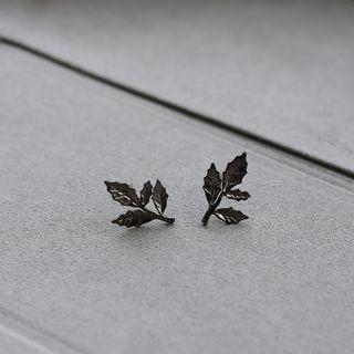 925 Sterling Silver Leaf Earring 1 Pair - Stud Earring - Leaf - Black - One Size