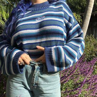 Embroidered Striped Sweater Blue - One Size